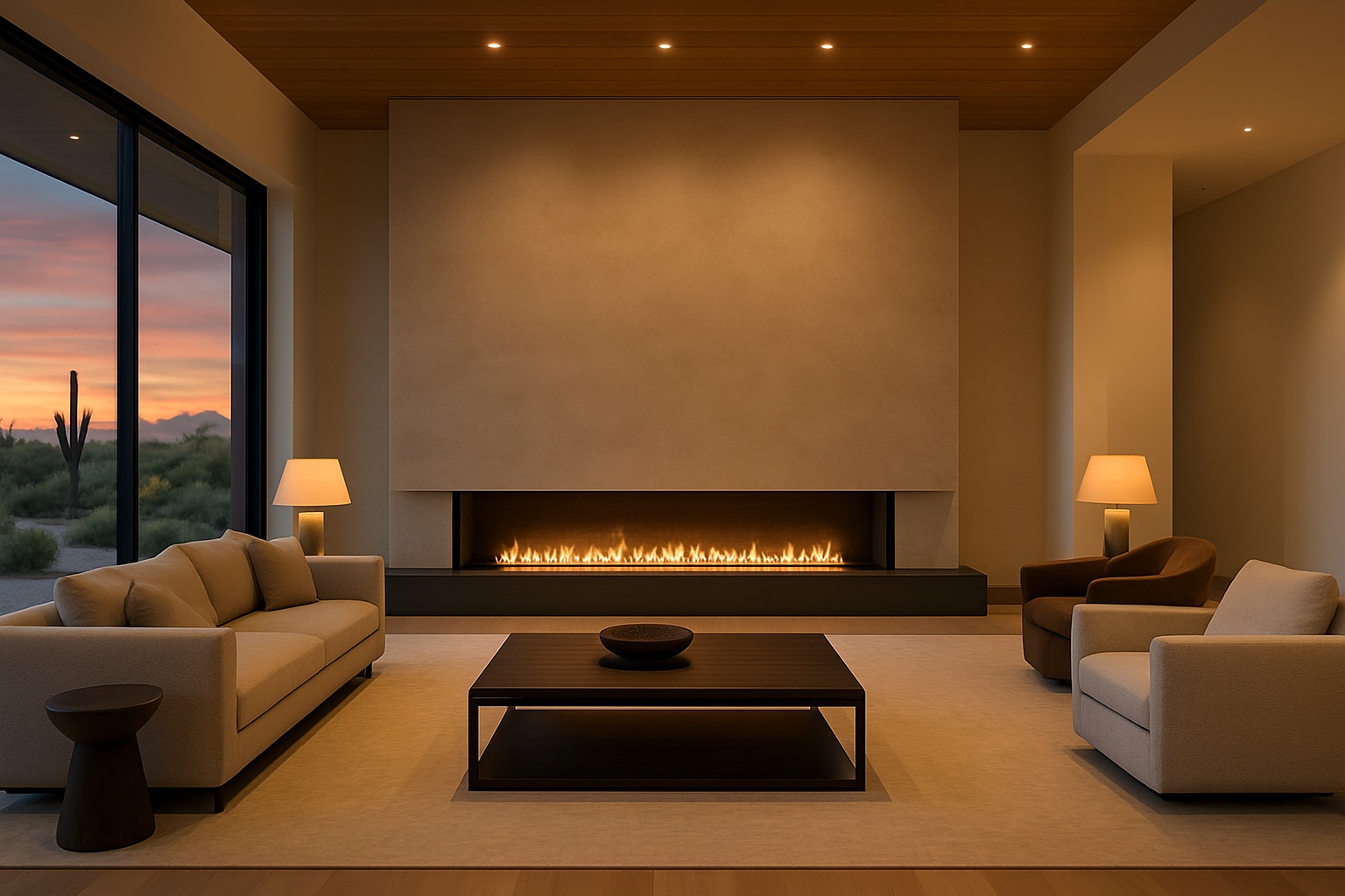 Luxury great room with a linear fireplace and a TV mounted above, used to visualize television sizes from 55 to 115 inches